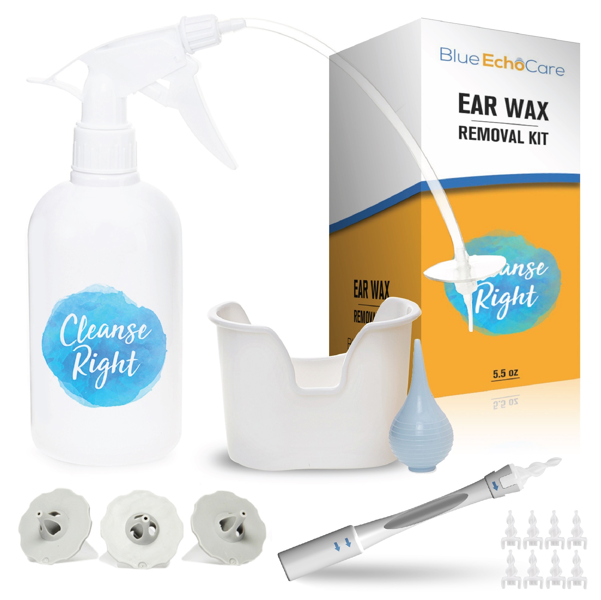 Cleanse Right 2nd Generation Ear Wax Removal Tool Kit- 1 Bottle of .5OZ Ear  Drops! Irrigation Bottle, USA MADE, Reusable, Dishwasher Friendly TIPS!  Wash Basin, Bulb Syringe – Blue Echo
