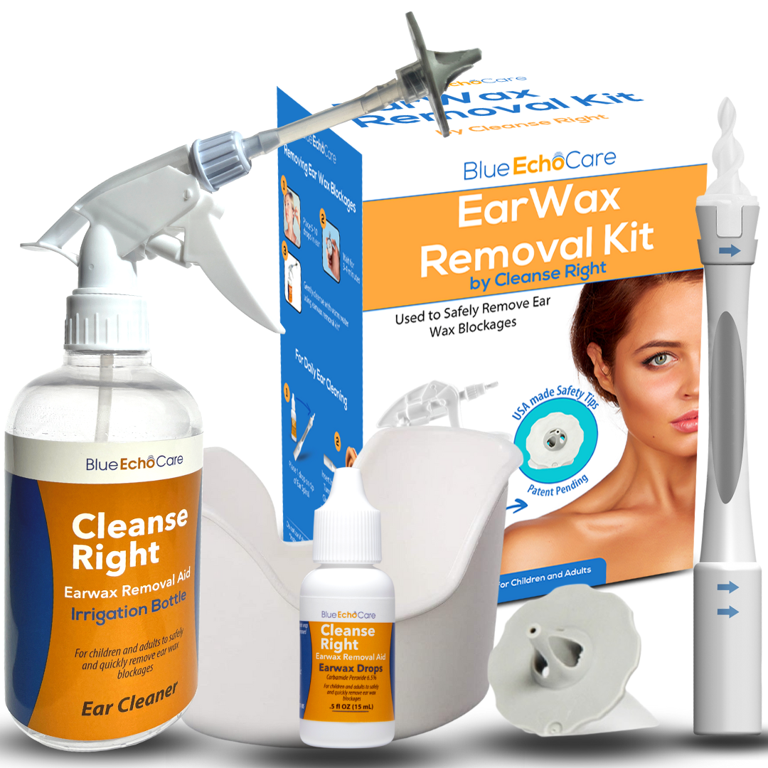 Cleanse Right 2nd Generation Ear Wax Removal Tool Kit- 1 Bottle of .5OZ Ear  Drops! Irrigation Bottle, USA MADE, Reusable, Dishwasher Friendly TIPS!  Wash Basin, Bulb Syringe – Blue Echo